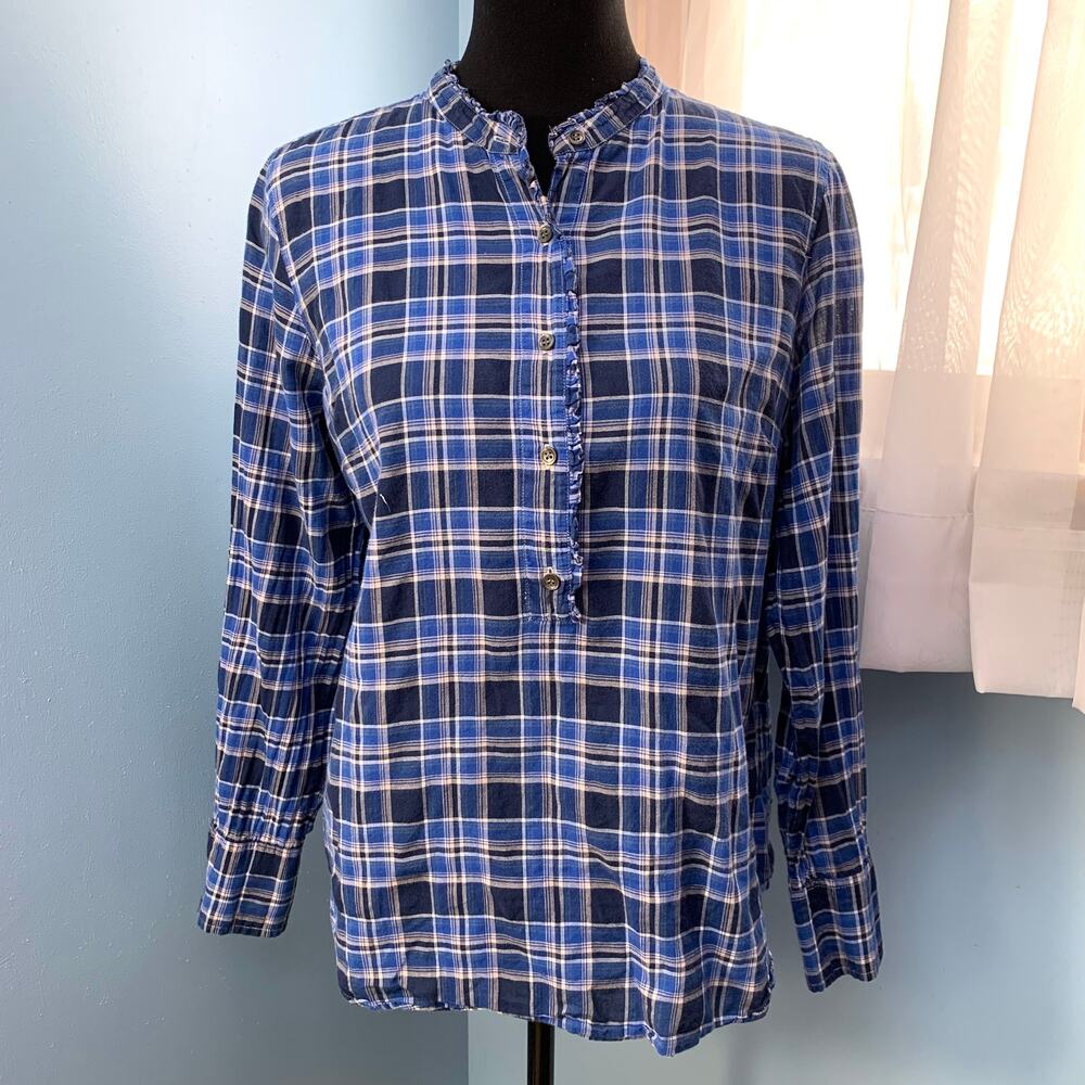 J. Crew Ocean Blue Plaid Ruffle Popover Shirt Size 8 - Picture 6 of 7